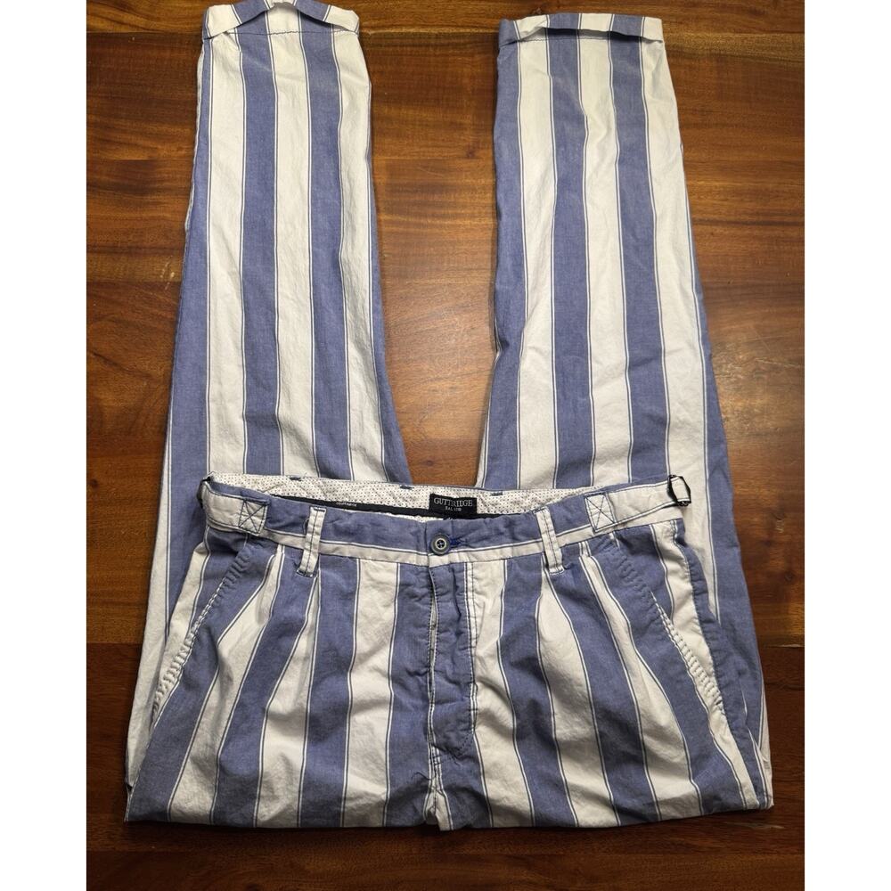 Gutteridge Mens Blue Striped Preppy Cuffed Trousers Pants Button fly Sz (US 32)